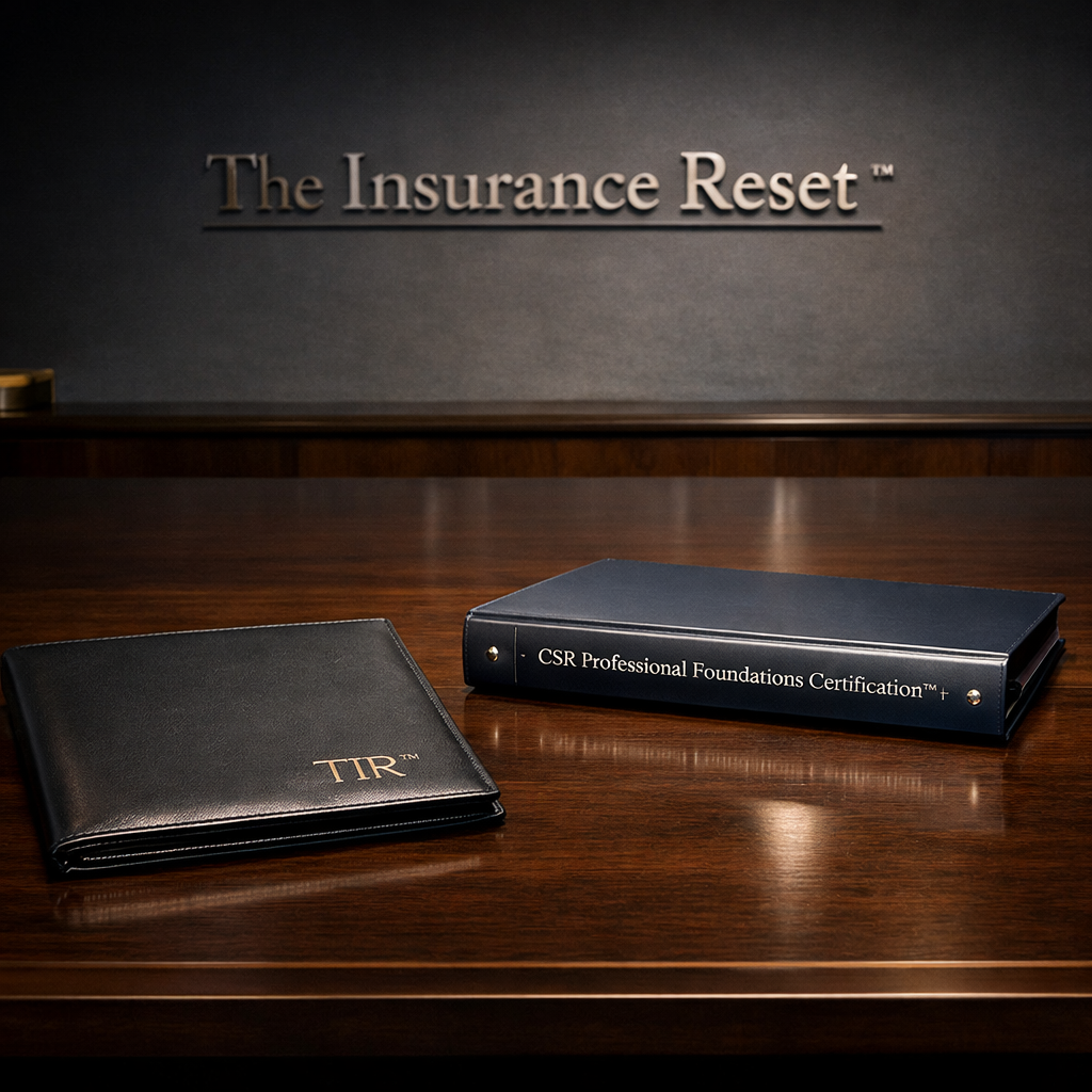 Professional boardroom with embossed TIR™ portfolio and CSR Professional Foundations Certification™ binder representing structured safeguards and institutional standards.