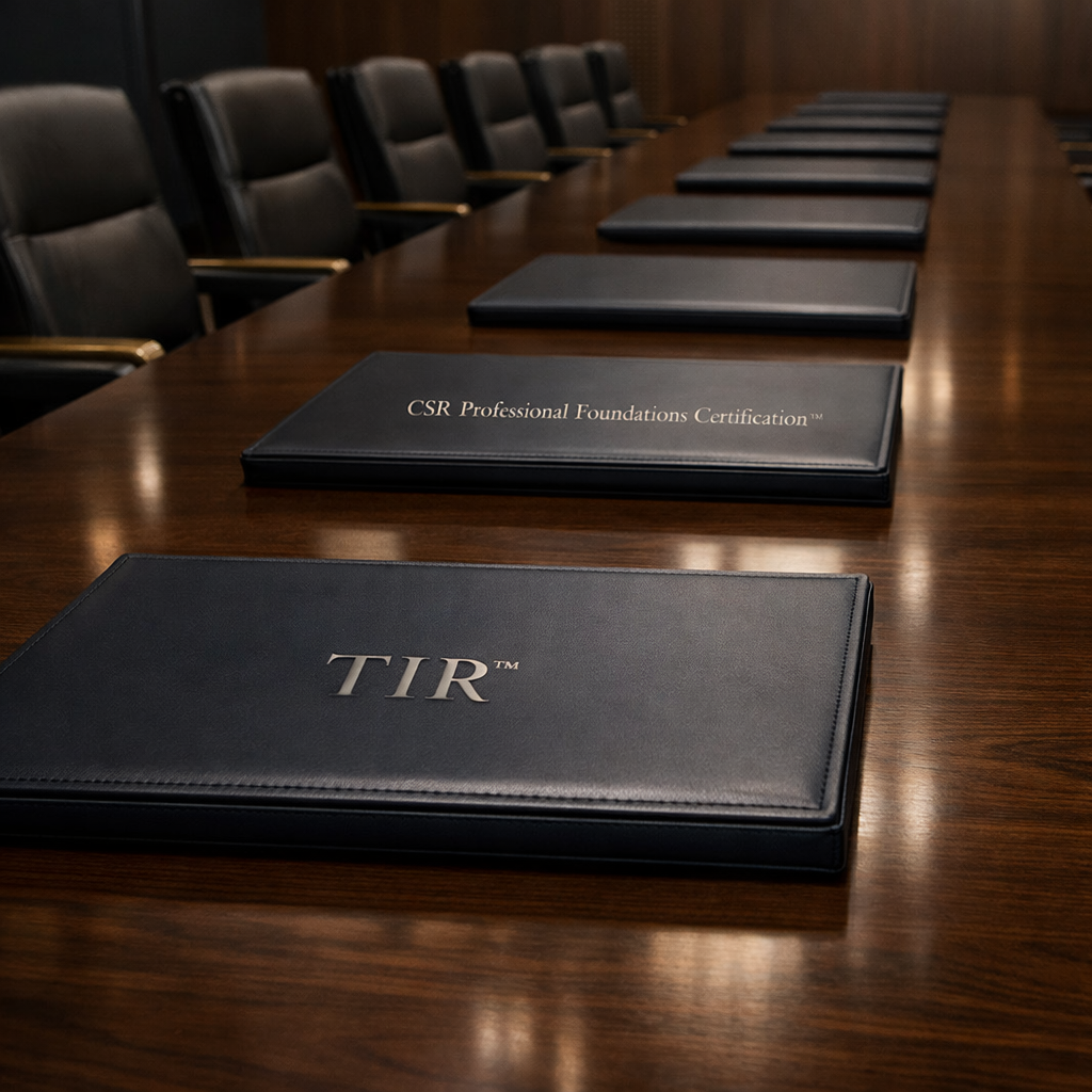 Executive boardroom with aligned embossed TIR™ portfolios representing structured seat-based sponsorship for insurance agencies.
