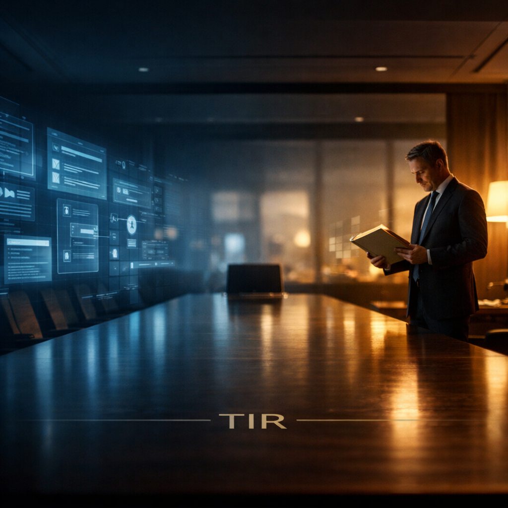 Executive professional reviewing documents in a modern boardroom with subtle AI data displays and TIR™ branding on the conference table. Executive professional reviewing documents in a modern boardroom with subtle AI data displays and TIR™ branding on the conference table.
