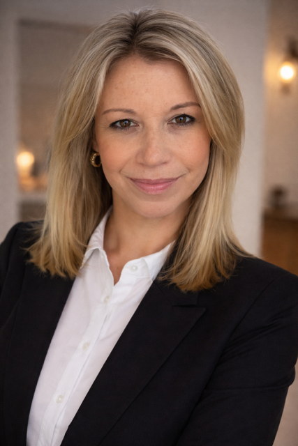 Professional portrait of Christy Hammond, founder of The Insurance Reset™, wearing a navy blazer in a softly lit office setting.