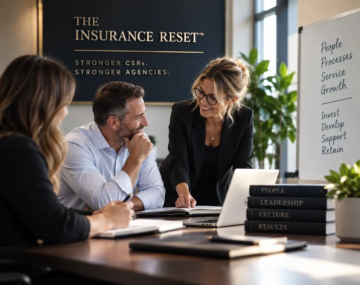 Insurance agency leaders collaborating on professional development with The Insurance Reset™ Insurance agency leaders collaborating on professional development with The Insurance Reset™